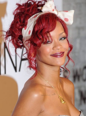 rihanna red hair curly hair. Rihanna#39;s Red Updo Hairstyle